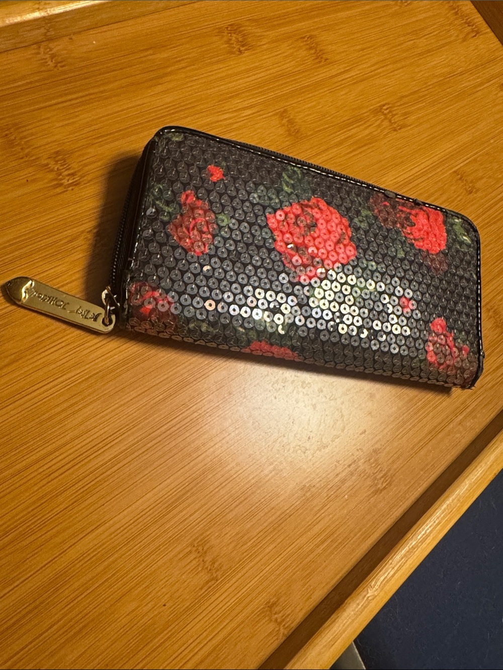 Betsey Johnson Black Sequin Zip Wallet with Red Floral Detail - Picture 3 of 3